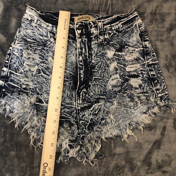 Aphrodite Distressed Stretch Denim Shorts Blue Acid Wash Made In USA Size S - Picture 7 of 10